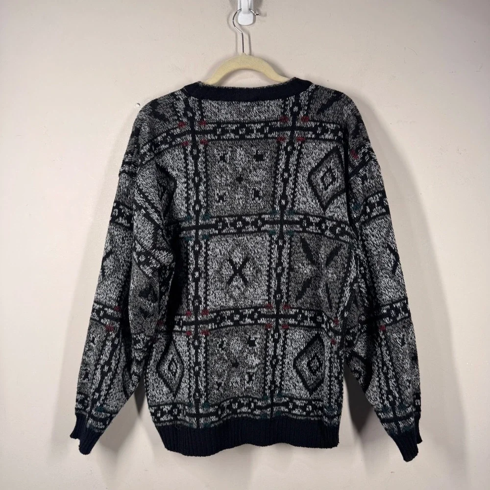 Michael Gerald Vintage Mens Cardigan Sweater Gray Geometric Knit Size M